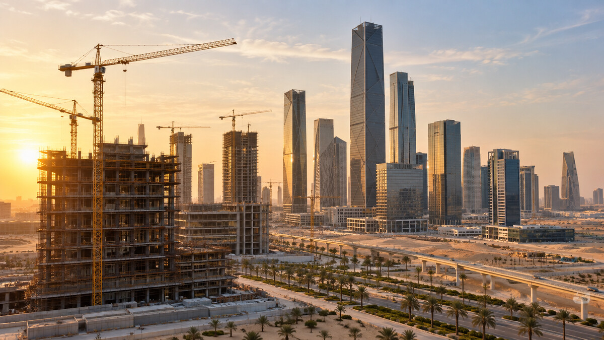 New urban development in Saudi Arabia with construction cranes and modern office buildings in desert light