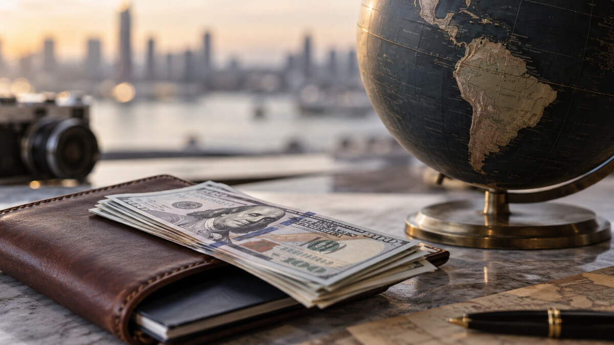 US dollar banknotes on a travel document wallet beside an unlabelled globe
