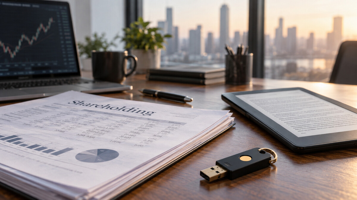 A security key and electronic document reader beside shareholding paperwork on a financial analyst desk