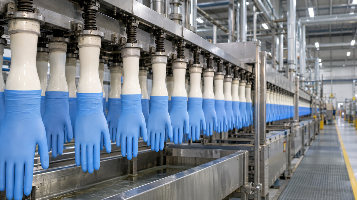 Blue nitrile gloves on ceramic formers along a factory production line