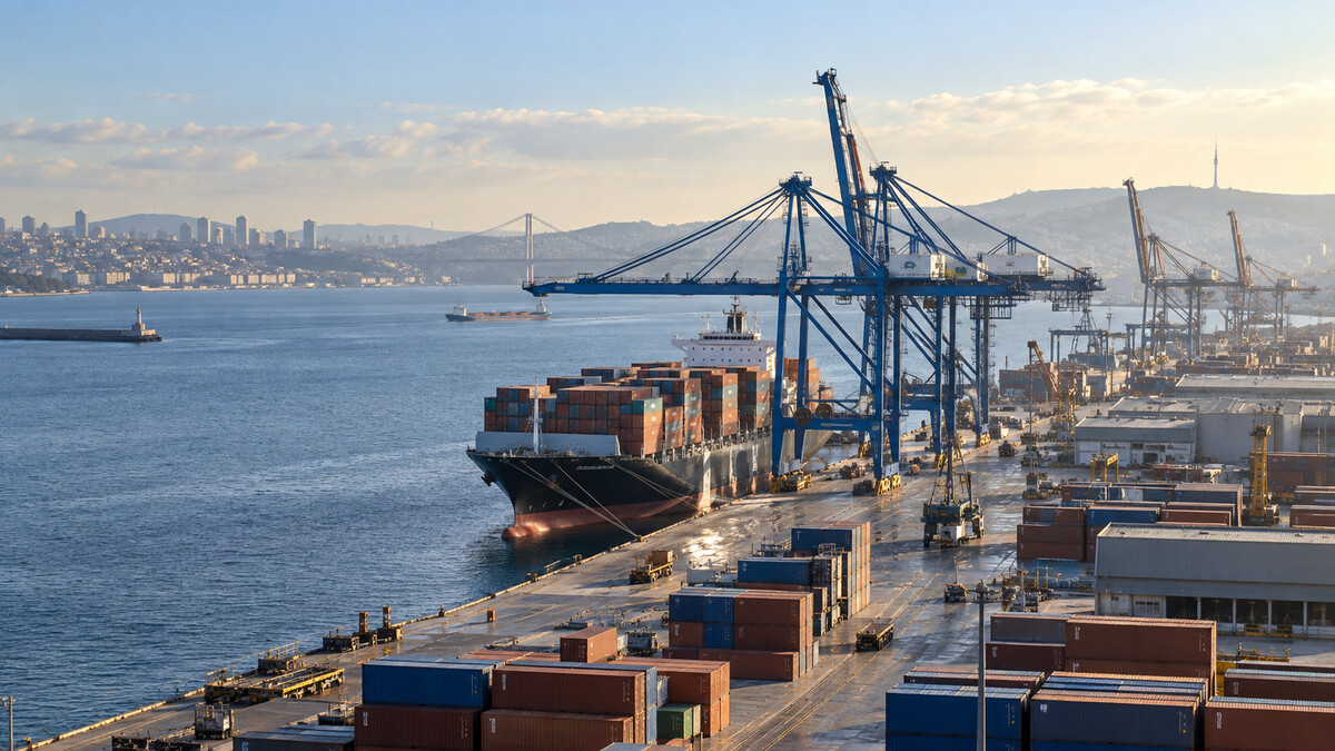 Turkish export port with container cranes and industrial buildings in bright morning light