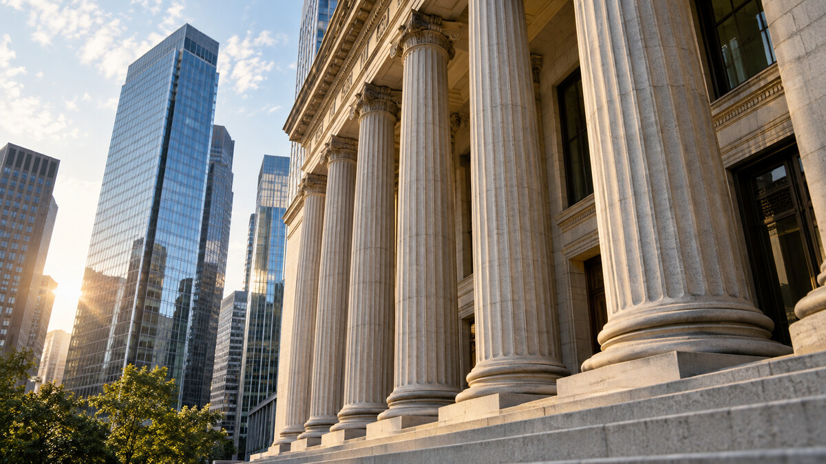 Large American bank headquarters stone columns with neighbouring glass office towers