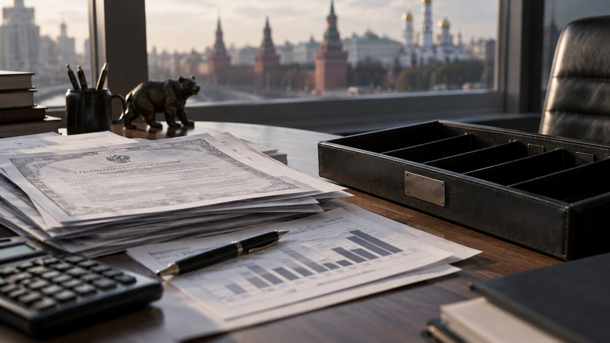 Bond payment documents with unreadable print and an empty cash tray on an accountant desk