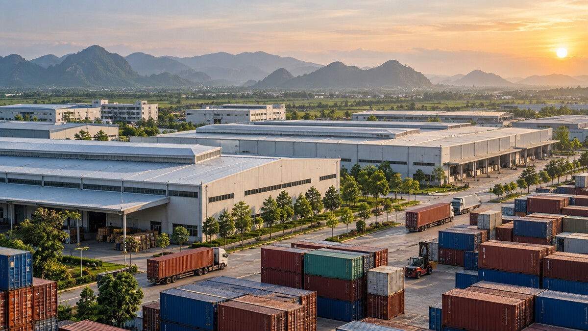 Export factory rooftops and stacked shipping containers in a green Southeast Asian industrial zone