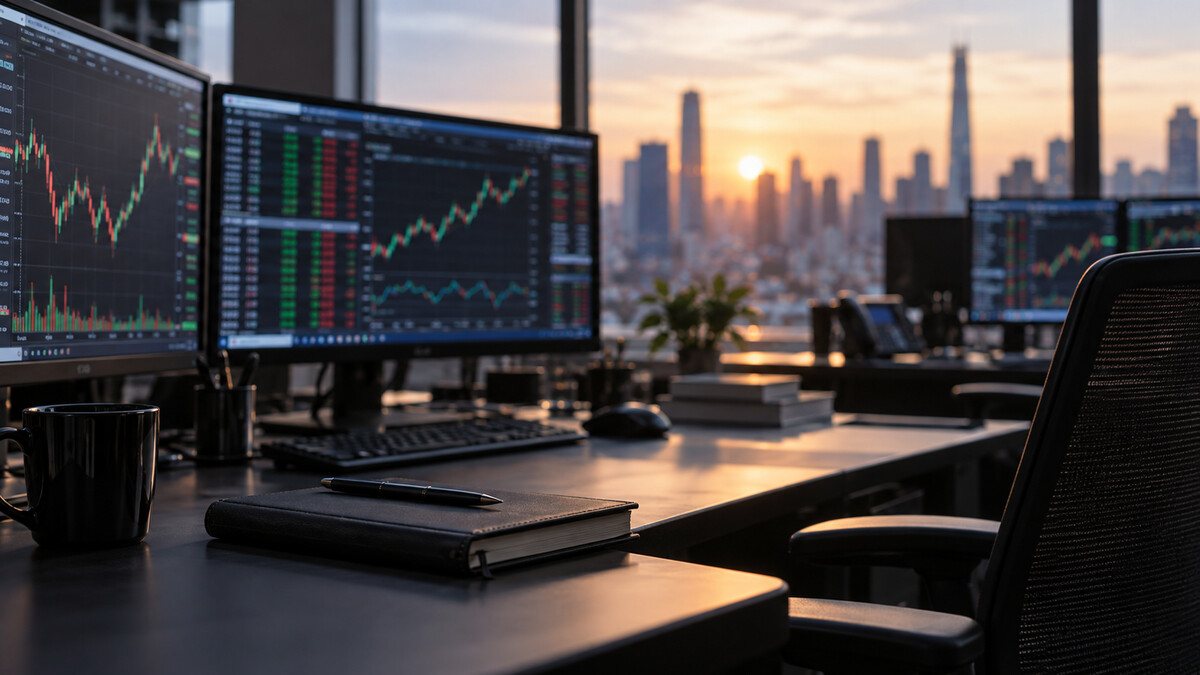 Empty financial trading desk with multiple softly blurred market screens and a closed notebook