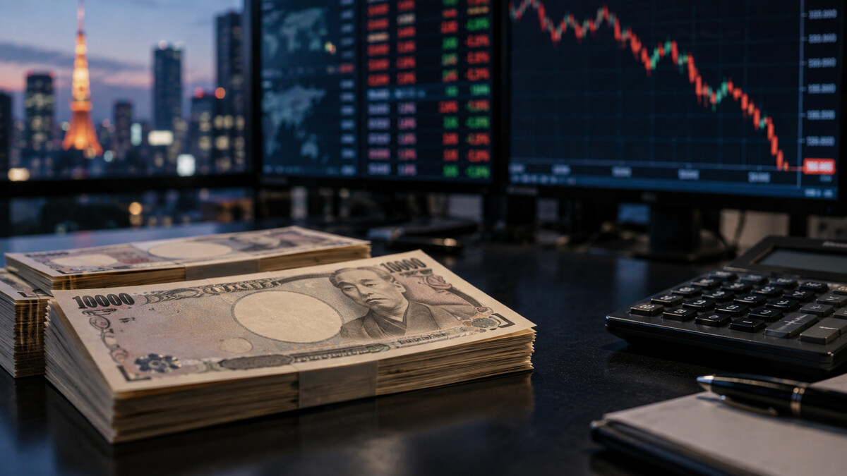 Japanese yen notes on a dark foreign exchange desk beside a calculator with defocused financial screens behind