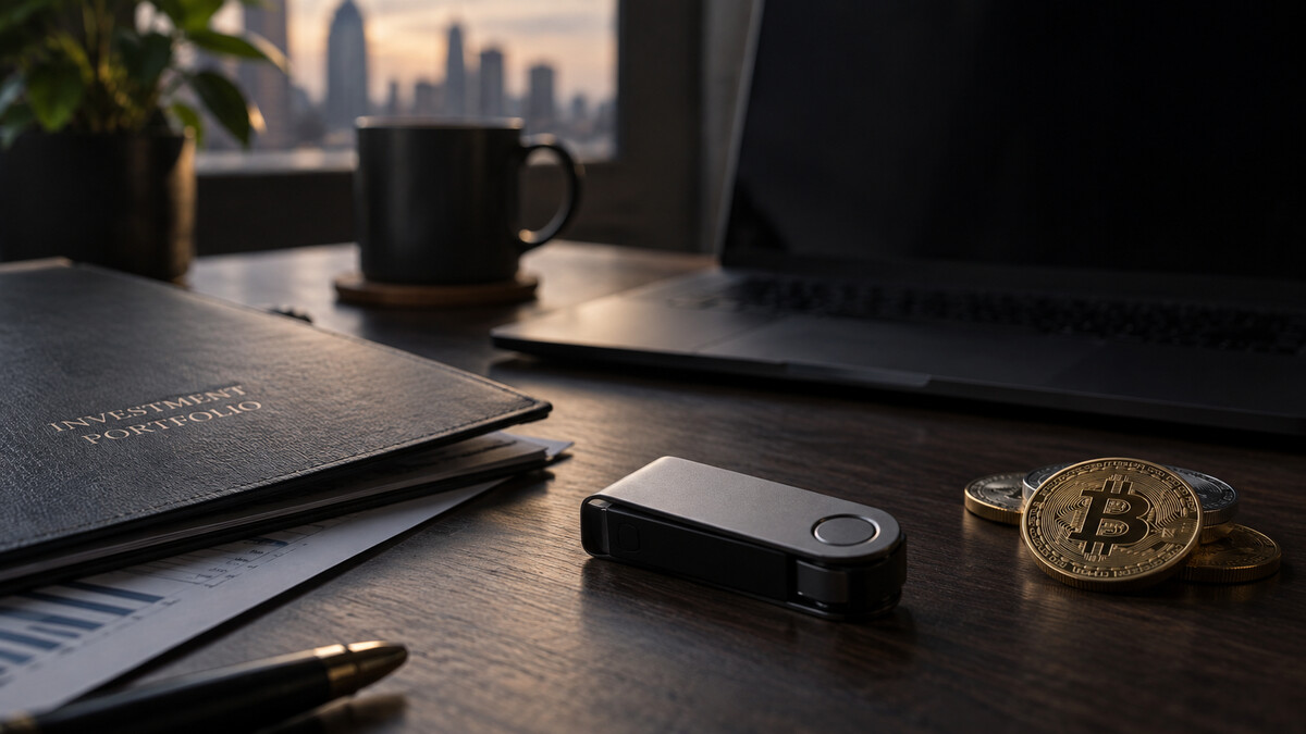 Hardware cryptocurrency wallet next to an investment folder and a dark idle laptop