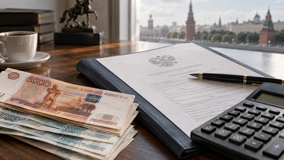 Рублёвые банкноты, калькулятор и папка документов по денежной политике