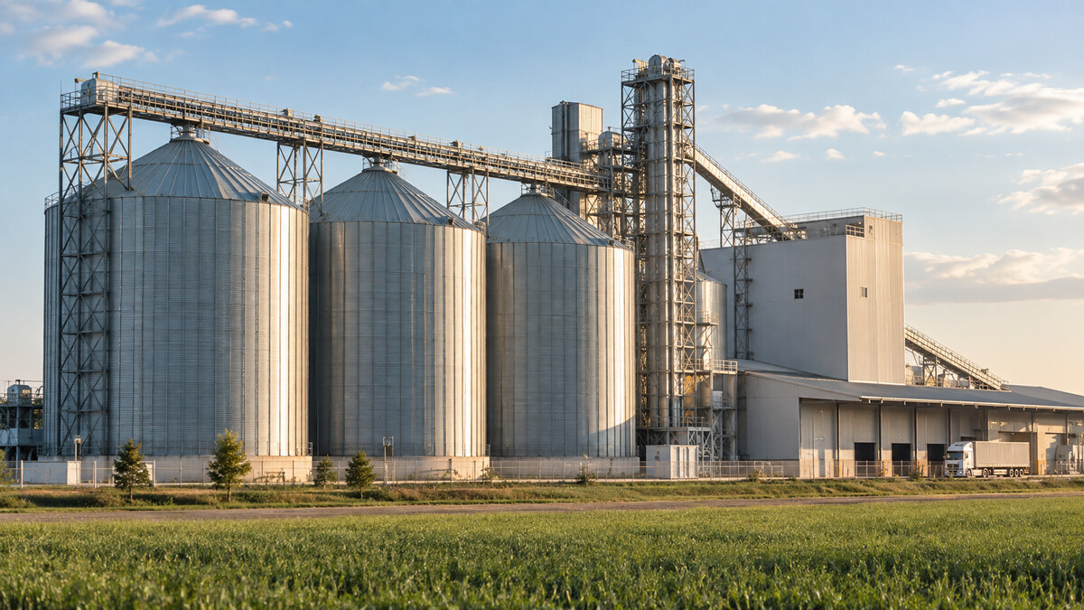 Grain feed silos connected by conveyor galleries next to an agricultural processing facility