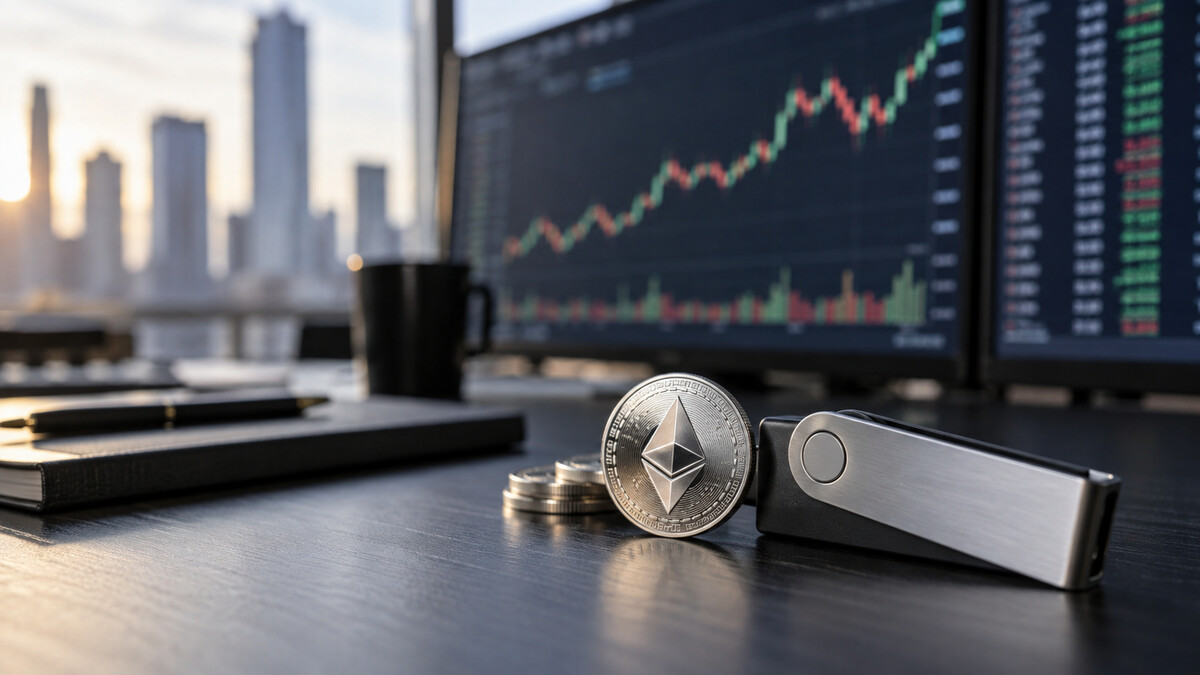 Investment trading terminal with blurred abstract market interface beside a hardware cryptocurrency wallet