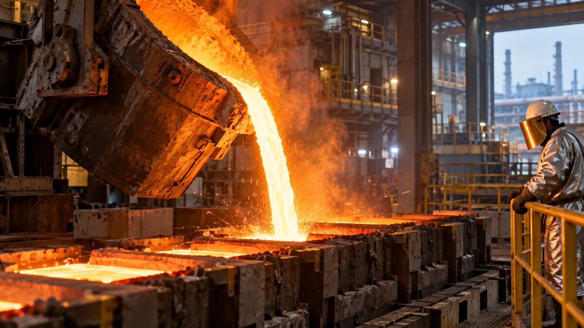 Bright molten copper pouring into molds in a copper smelter