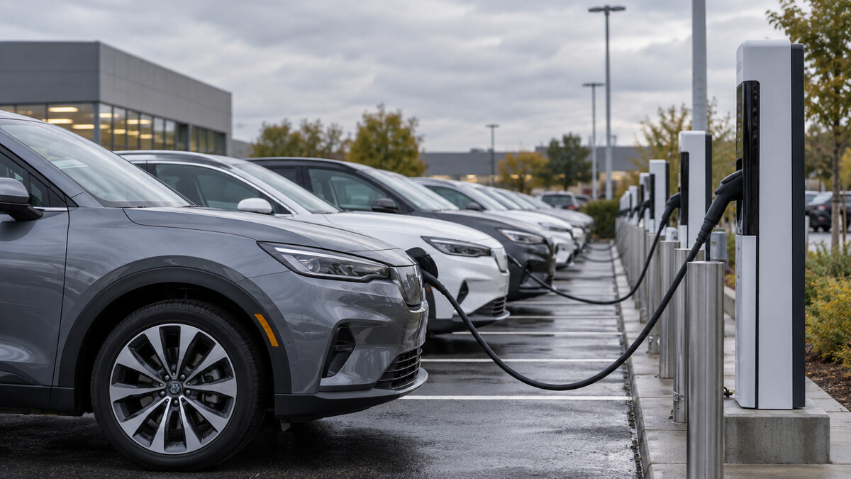 Electric cars parked in a rental vehicle lot beside charging posts