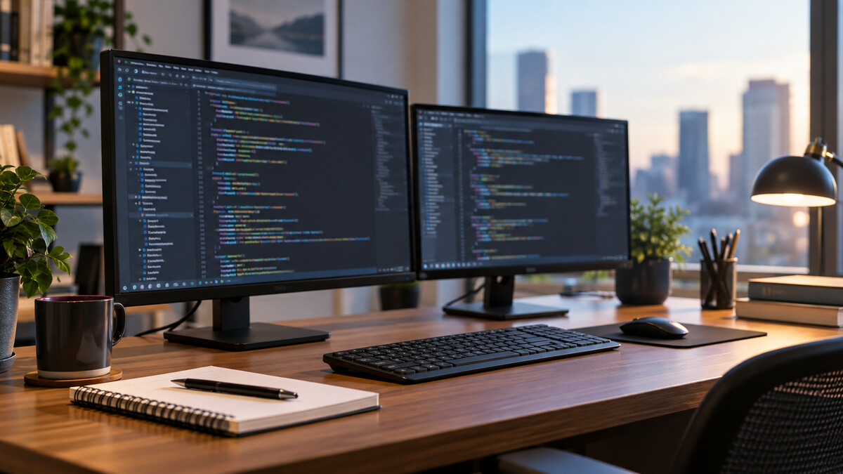 Software developer workstation with two monitors displaying softly blurred code