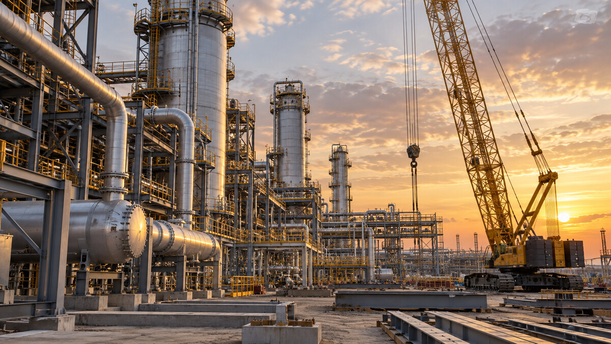 Industrial construction site with large process vessels