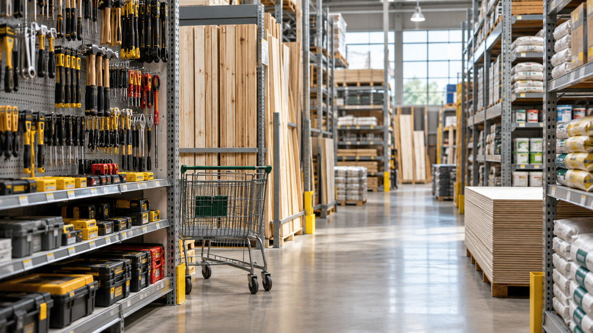 Home improvement store aisle with building materials
