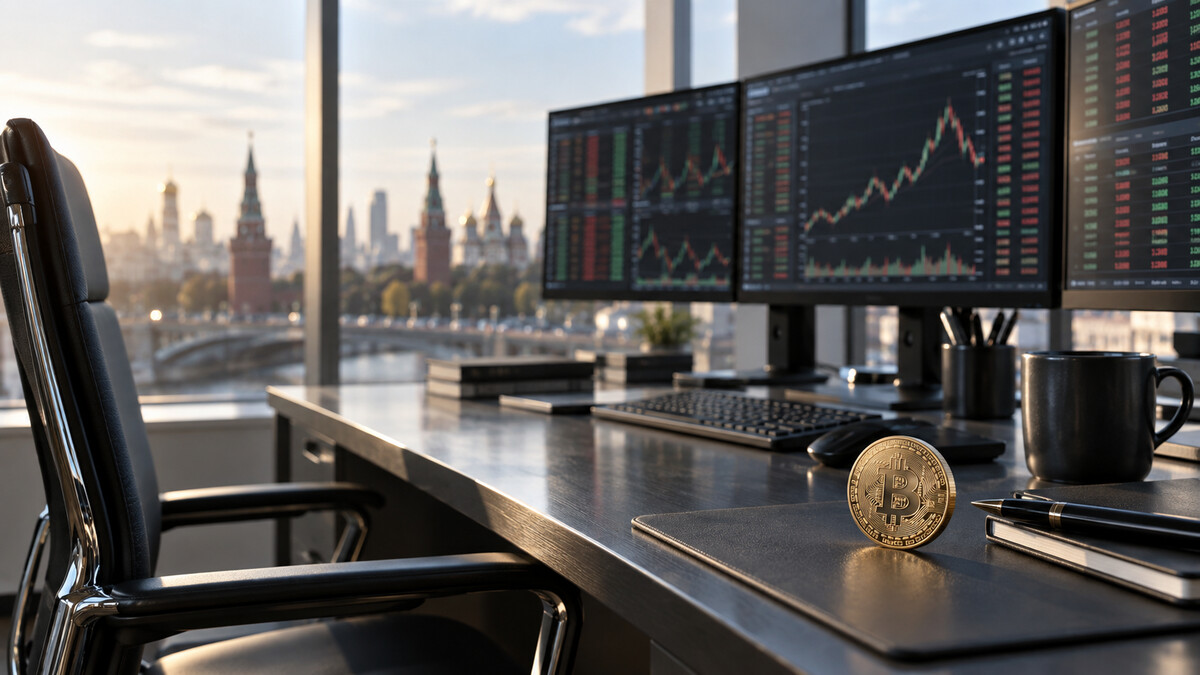 Modern empty exchange trading workstation with blurred unreadable order-book screens and a security token on the desk