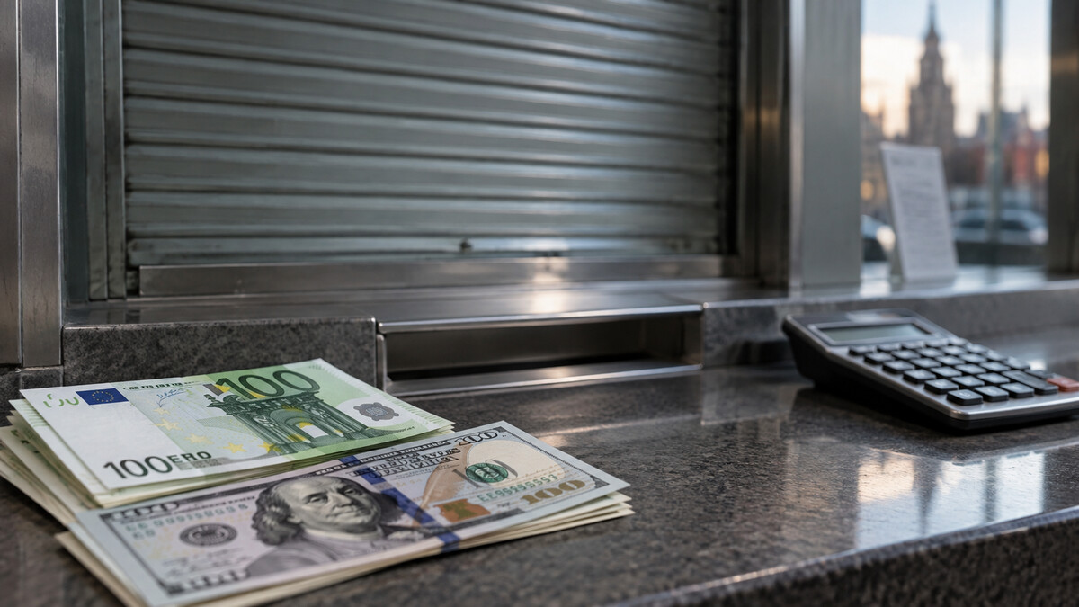 Euro and US dollar banknotes beside a closed exchange counter window and calculator