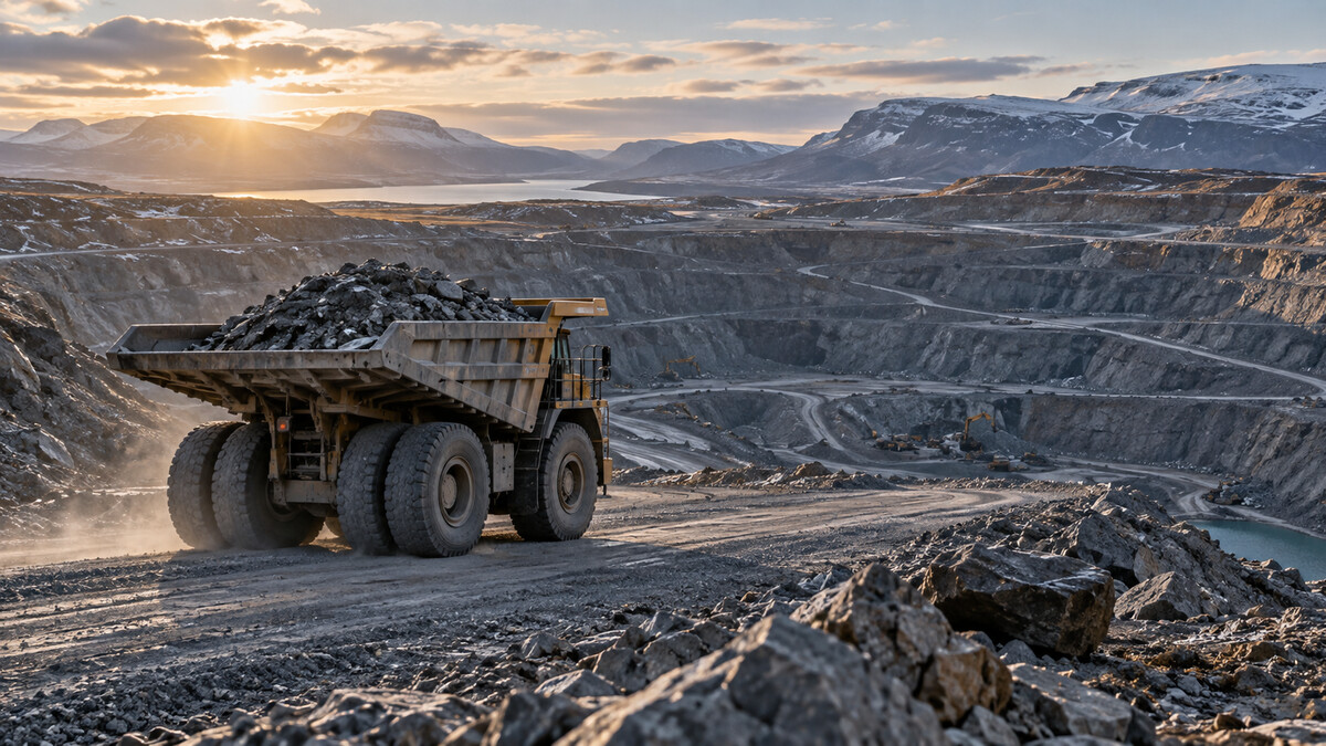Large mine haul truck carrying ore along a terraced open pit road in a northern rocky landscape