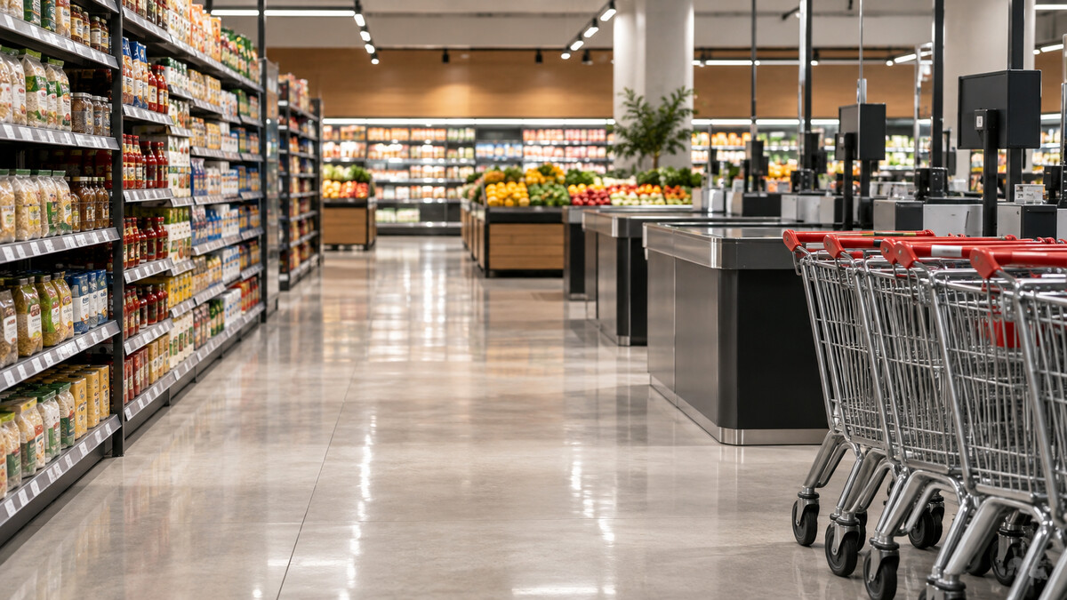 Empty supermarket aisle with stocked shelves and shopping trolleys near checkout