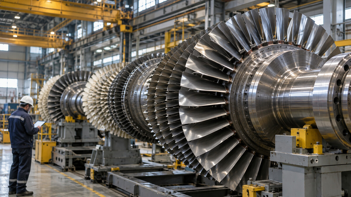 Large machined turbine rotor with rows of metallic blades inside a heavy engineering workshop