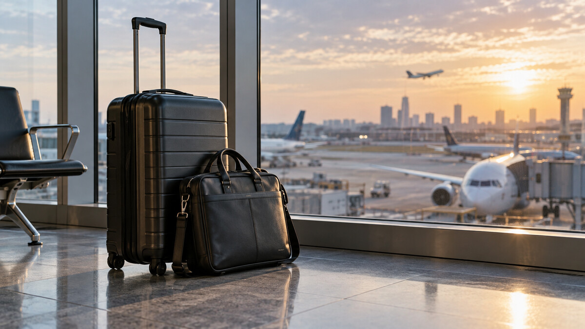 Rolling business suitcase and laptop bag beside an airport departure lounge window