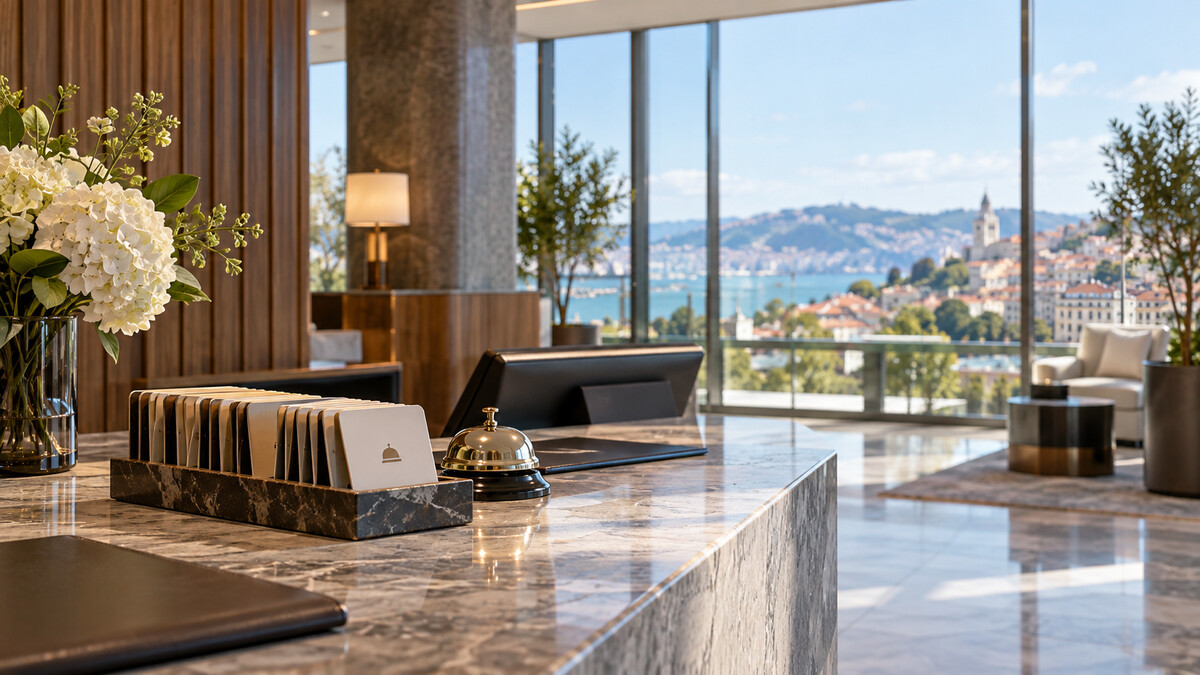 Hotel reception counter with room key cards and a bright summer city view through the windows