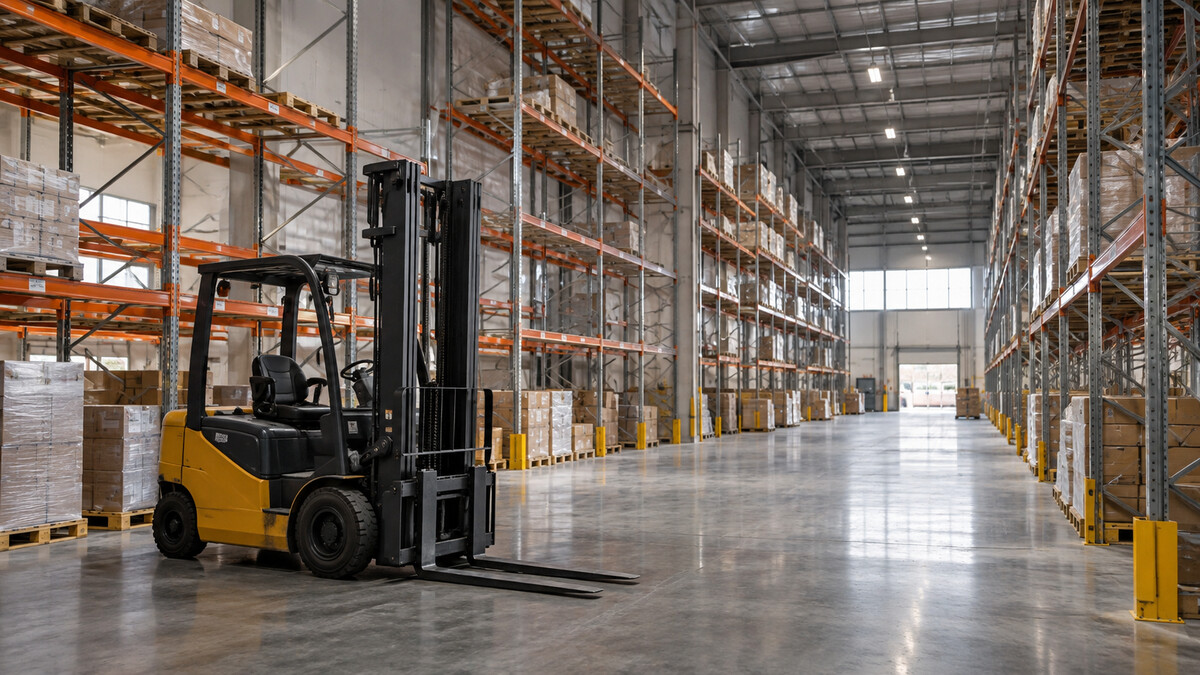 Interior of a large logistics warehouse with partly empty high racks and a forklift parked in an aisle