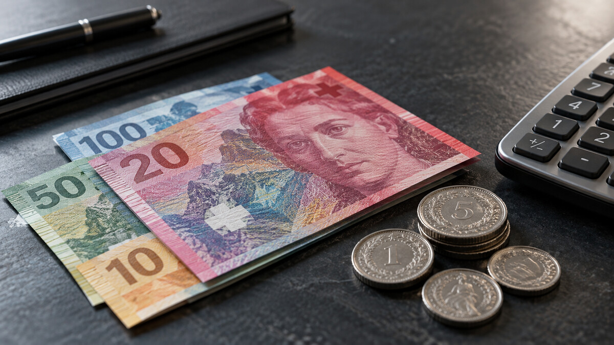 Swiss franc banknotes and coins arranged on a dark desk beside a calculator