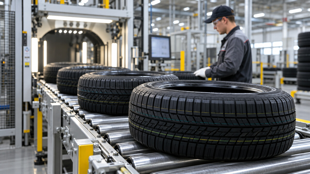 New passenger-car tyres on a production inspection conveyor inside a clean tyre factory