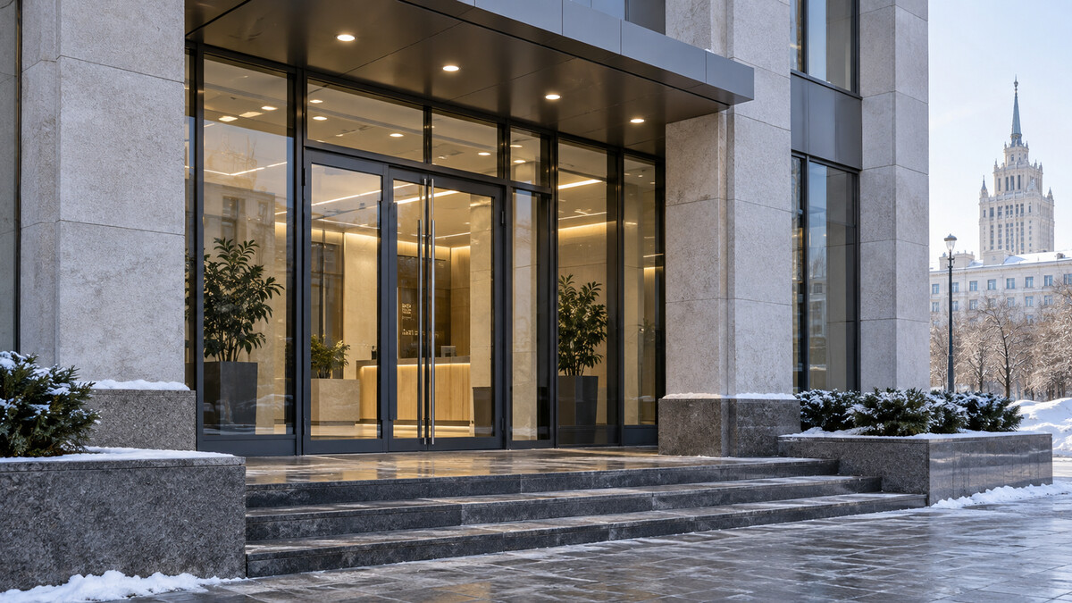 Entrance of an unbranded contemporary bank branch