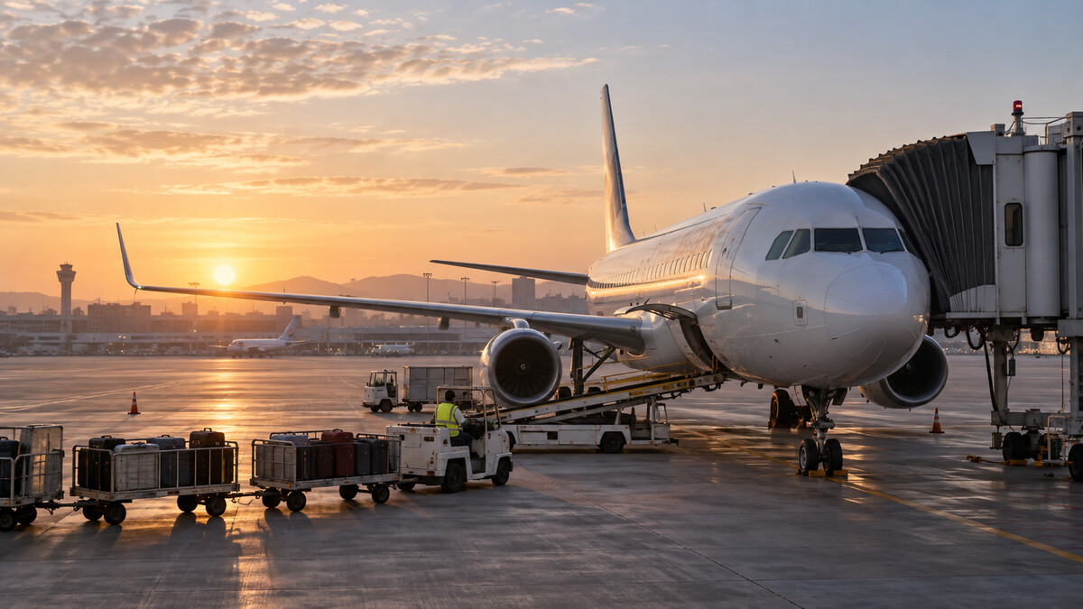 Unbranded airliner parked beside an airport gate with jet bridge and luggage carts at dawn