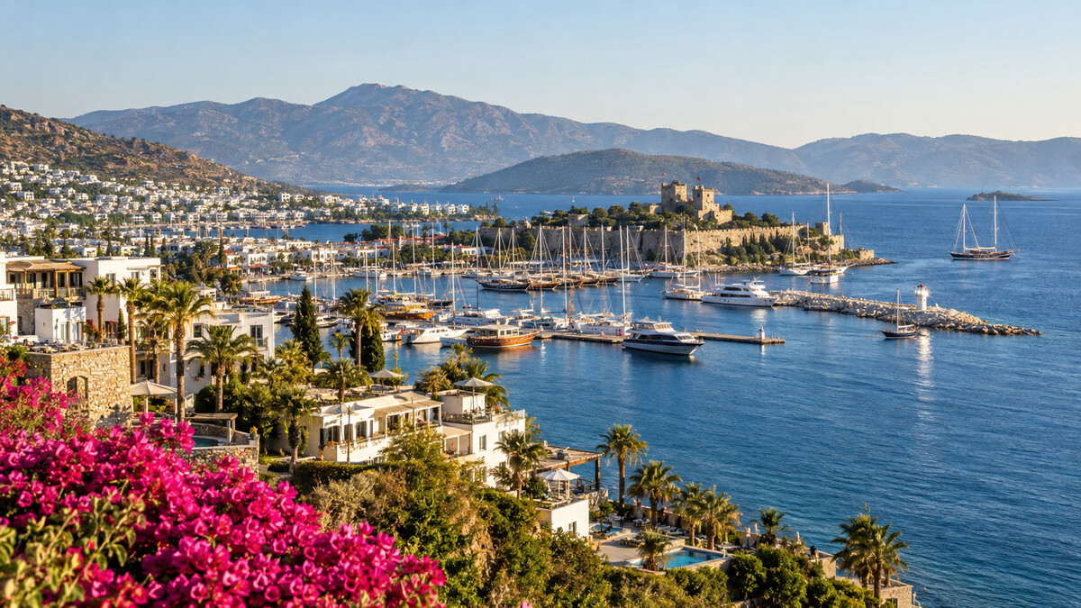 Mediterranean Turkish resort marina and coastal hotels in warm summer sunlight